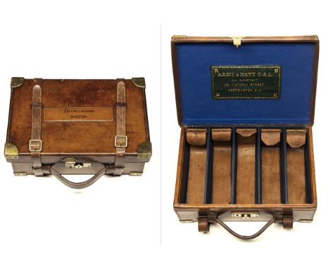 A GOOD BRASS-CORNERED LEATHER CARTRIDGE MAGAZINE, for approx. 250 cartridges, five leather lifters, the lid interior re-lined
