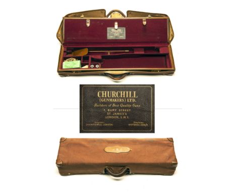 CHURCHILL (GUNMAKERS) LTD.A LEATHER DOUBLE MOTOR CASE WITH CANVAS AND LEATHER OUTER,fitted for 25in. barrels (would adapt to 