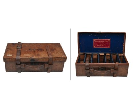 A LARGE LEATHER CARTRIDGE MAGAZINE,for approx. 600 cartridges, the interior lined with blue baize (moth damage) and blue canv