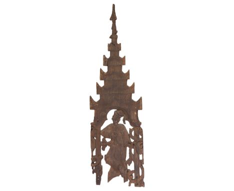 AN AGED PROBABLY CENTURIES OLD INDONESIAN POSSIBLY THAI WOODEN ARCHITECTURAL FRAGMENT, carved and pierced with a figure stand
