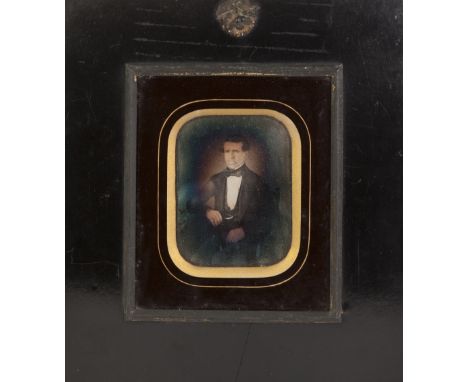 CIRCA 1850 DAGUERREOTYPE, EARLY PHOTOGRAPH, A THREE QUARTER LENGTH PORTRAIT OF A  SEATED GENTLEMAN, inscribed to reverse of f