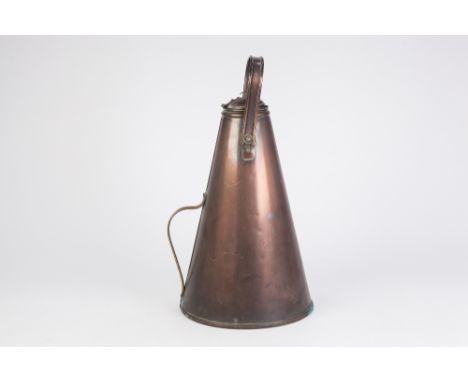 19th COPPER AND BRASS SMALL DOMESTIC MILK CHURN of milk churn of inverted conical form with inner white ceramic liner, hinged