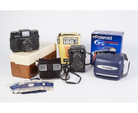 VINTAGE LUBITEL 166 UNIVERSAL TLR CAMERA (93509997) IN ORIGINAL CARD BOX (A.F.), TOGETHER WITH A HOLGA 120 SF ROLL FILM CAMER