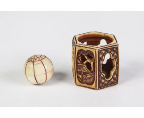 A JAPANESE MEIJI PERIOD PIERCED AND SHALLOWLY CARVED IVORY HEXAGONAL 'GARDEN SEAT' FORM NETSUKE, unsigned, also a ball form p