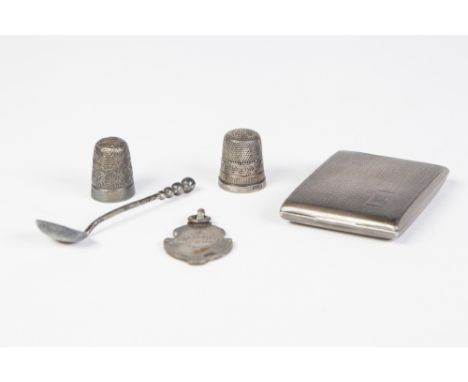EDWARDIAN SILVER MATCH BOOK HOLDER, with engine turned decoration, Chester 1904 and  FOUR SMALL ITEMS OF SILVER  viz TWO THIM