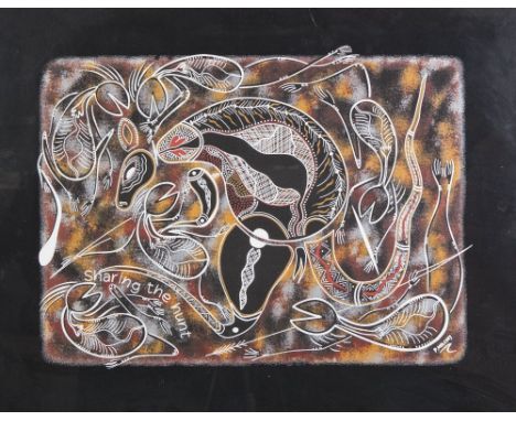 PETER MULCAHY (AUSTRALIAN) GOUACHE ON BLACK LINEN An aboriginal zoomorphic abstract  inscribed 'Sharing the Hunt', signed low