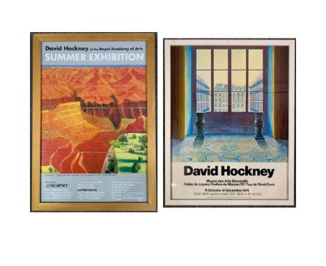 Two David Hockney exhibition posters: Louvre 1974 and Royal Academy 1999, framed and glazed. H.83cm x W.57cm and H.69cm x W.5