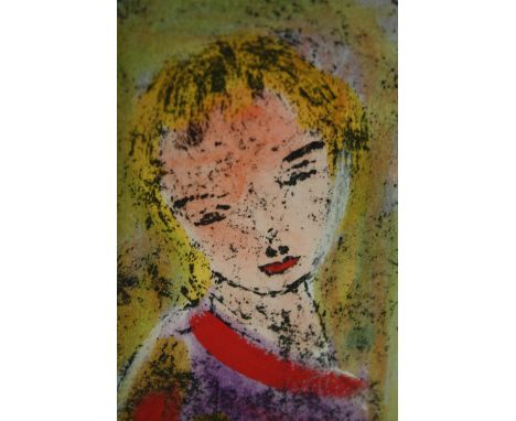 A framed and glazed etching, portrait of a young girl, indistinctly inscribed and signed in French. H.36 W.27cm. 
