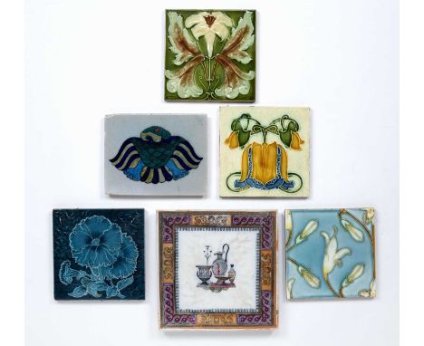 Collection of tiles consisting of: three tubelined tiles from the Blanchett Collection (Chris Blanchett) with old paper label