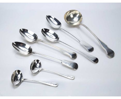 Collection of silver spoons and ladlesconsisting of: Large silver ladle, bearing marks for William Theobalds, London, 1830, 3