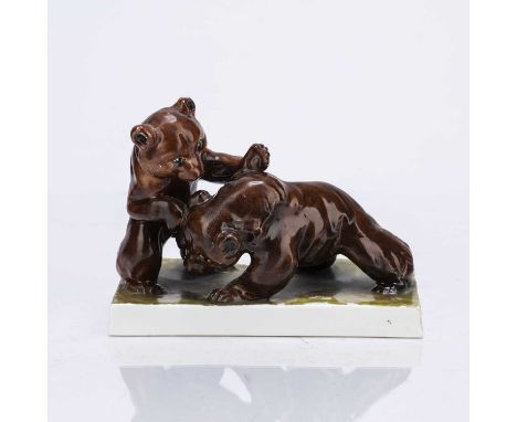 Doris Lindner (1896-1979) for Royal Worcester'Bears, Mick and Mack' porcelain on square plinth, stamped marks to the base, 14