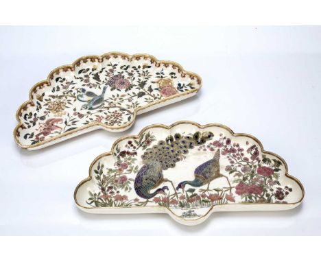 Zsolnay Pecs Aesthetic movement, matched pair of porcelain fan dishes, one decorated with peacocks, the other with song birds