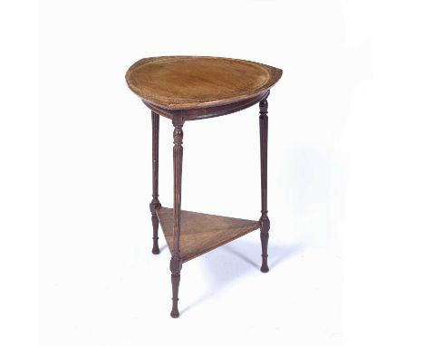 Art Nouveau oak occasional table with triangular top having carved decoration with triangular under tier shelf, 66cm x 54cm o