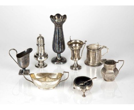 Collection of miscellaneous silver consisting of: mustard pot with blue glass liner, Victorian silver jug on square base, Vic