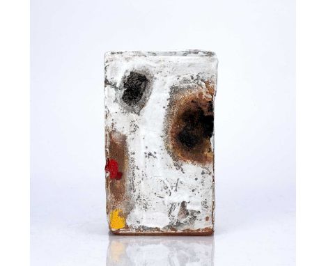 Robin Welch (1936-2019)Slab vessel, stoneware, white glaze with yellow and red slip, impressed potter's seal mark to the base