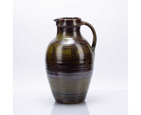 Winchcombe Pottery large studio pottery jug, with combed decoration, impressed potter seal mark to the foot rim, 48cm high Co