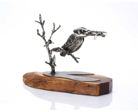 Michael Davies (Contemporary) 'Kingfisher' stainless steel sculpture on wooden plinth, unsigned, 28cm high overall including 