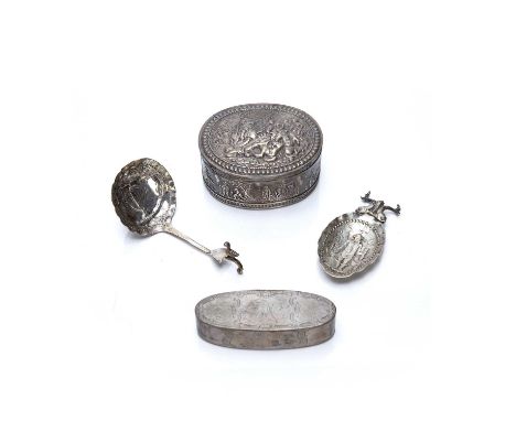 Dutch Import silver box oval with hinged lid and decorated with farmers and agricultural scenes, marked with both a Dutch sil
