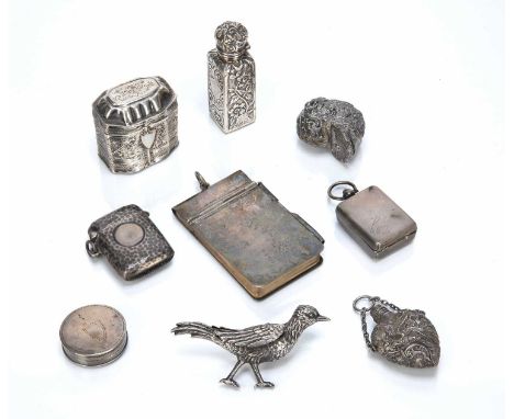 Collection of silver and white metalto include: a tall silver scent bottle, bearing marks for Arthur Willmore Pennington, Bir
