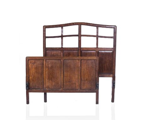 Gordon Russell (1892-1980) oak and holly, 'Lygon' Arts and Crafts double bed ends, circa 1925, with original handwritten pape