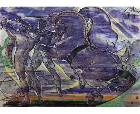 Maria Morgan-Snell (1920-2007) 'Chevaux d'Aulnois, roi des Phéaciens' watercolour, signed lower left, 54cm x 75cmCondition re