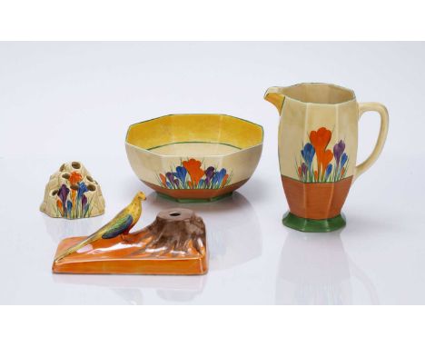 Clarice Cliff (1899-1972) 'Autumn crocus' hexagonal shaped bowl, marked to the base, 18cm across, a jug in the same pattern, 