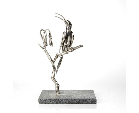 Michael Davies (Contemporary) 'Cape Sugar bird' stainless steel sculpture on marble plinth, with artists label to the undersi