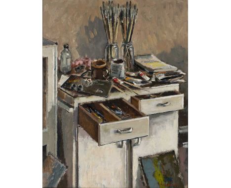 Ronald Morgan (b.1936)'Artists paint table' oil on board, signed and dated 1979 lower right, with paper labels to the reverse