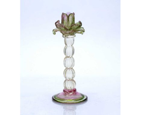 Contemporary glass candlestick in the form of a flower on knopped stem, unsigned, 24cm highCondition report: Overall ok, with