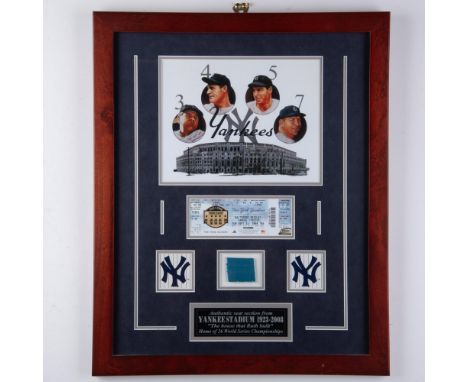 This beautifully framed piece of baseball history features a stunning photograph of the stadium, images of Yankees legends, a
