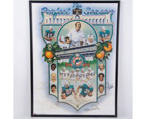 This framed lithograph commemorates the Miami Dolphins' legendary 1972 Perfect Season, featuring multiple scenes that capture