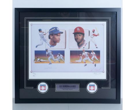 A striking lithograph featuring Ricky Henderson and Lou Brock, showcasing their profiles, dynamic batting stances, and iconic