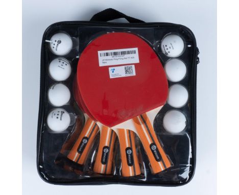 Ping pong set includes 4 paddles with red padding and 8 white ping pong balls. Paddle handles are orange with a black and nat