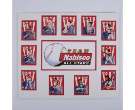 Rare 2000 Team Nabisco limited release promotional baseball cards displayed on a matted board. Set of 11 cards include MLB Ha