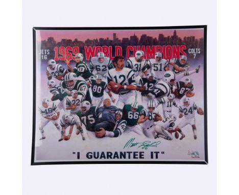 This artist-signed lithograph celebrates the New York Jets' 1969 championship season, featuring representations of key player