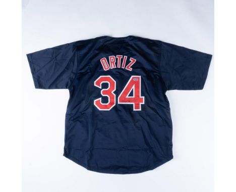 This is a Boston Red Sox jersey signed by Major League Baseball player David Big Papi Ortiz. Front length is approximately 25