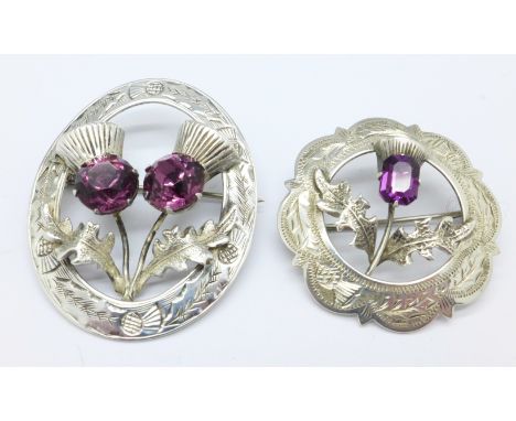 Two Ward Bros. hallmarked Scottish silver and amethyst thistle brooches