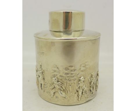 A silver tea caddy with embossed figures and landscape, Chester 1912, 81g