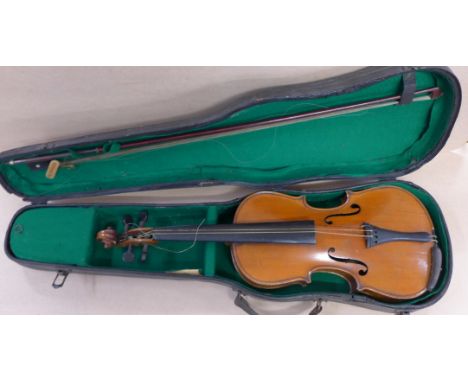 A violin with paper label, El Tesoro, length of back without button 33.5cm, a/f