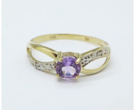 A 9ct gold, amethyst and diamond ring, 1g, O