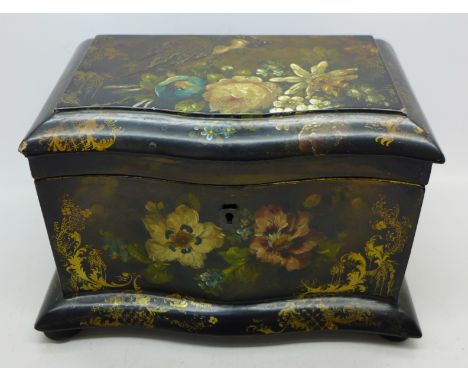 A Victorian lacquered papier mache tea caddy, some a/f, hinge requires repair