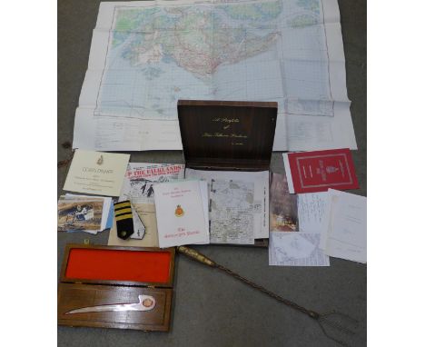 Military ephemera, postcards, silver plated letter opener presented by the Quartermaster General, map of Singapore, trench ar