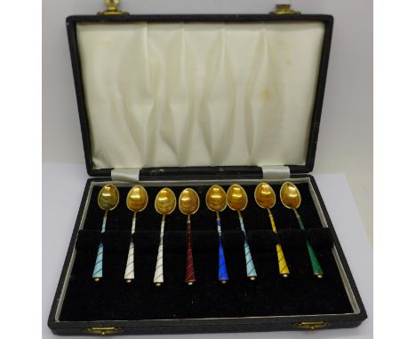 A set of eight silver and enamel coffee spoons, made in Denmark, two a/f