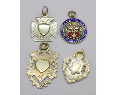 Four silver fobs including enamel High Pavement School