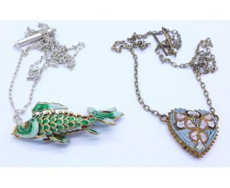 A micro mosaic heart necklet and an enamel fish pendant