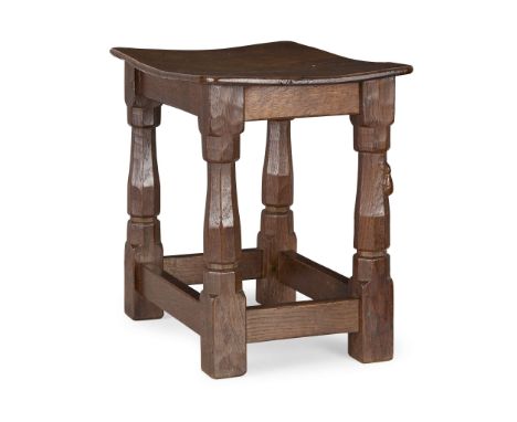  ROBERT 'MOUSEMAN' THOMPSON (1876-1955) STOOL, 1940'S oak and burr oak, with carved mouse signature&nbsp; 40.5cm wide, 37.5cm