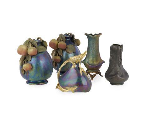  HELIOSINE, AUSTRIA FOUR JUGENDSTIL VASES, CIRCA 1900 earthenware with iridescent textured glaze, comprising a PAIR OF VASES,