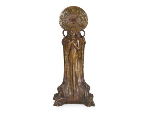  FRIEDRICH GOLDSCHEIDER (1885-1935) JUGENDSTIL FIGURAL CLOCK, CIRCA 1900 patinated terracotta, copper, applied maker's plaque