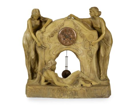  KOENIG & LENGSFELD, COLOGNE JUGENDSTIL MANTEL CLOCK, CIRCA 1900 patinated terracotta, copper, impressed KOENIG & LENGSFELD/ 