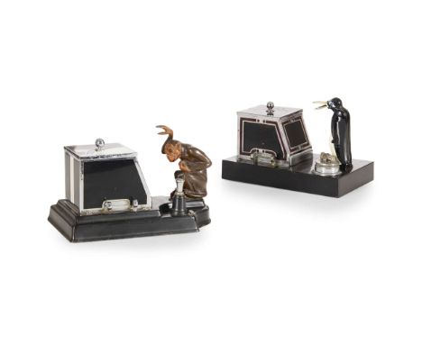  RONSON TWO CIGARETTE DISPENSERS AND LIGHTERS, CIRCA 1930 chrome-plated and enamelled metal, comprising; a ‘PIK A CIG’ MONKEY